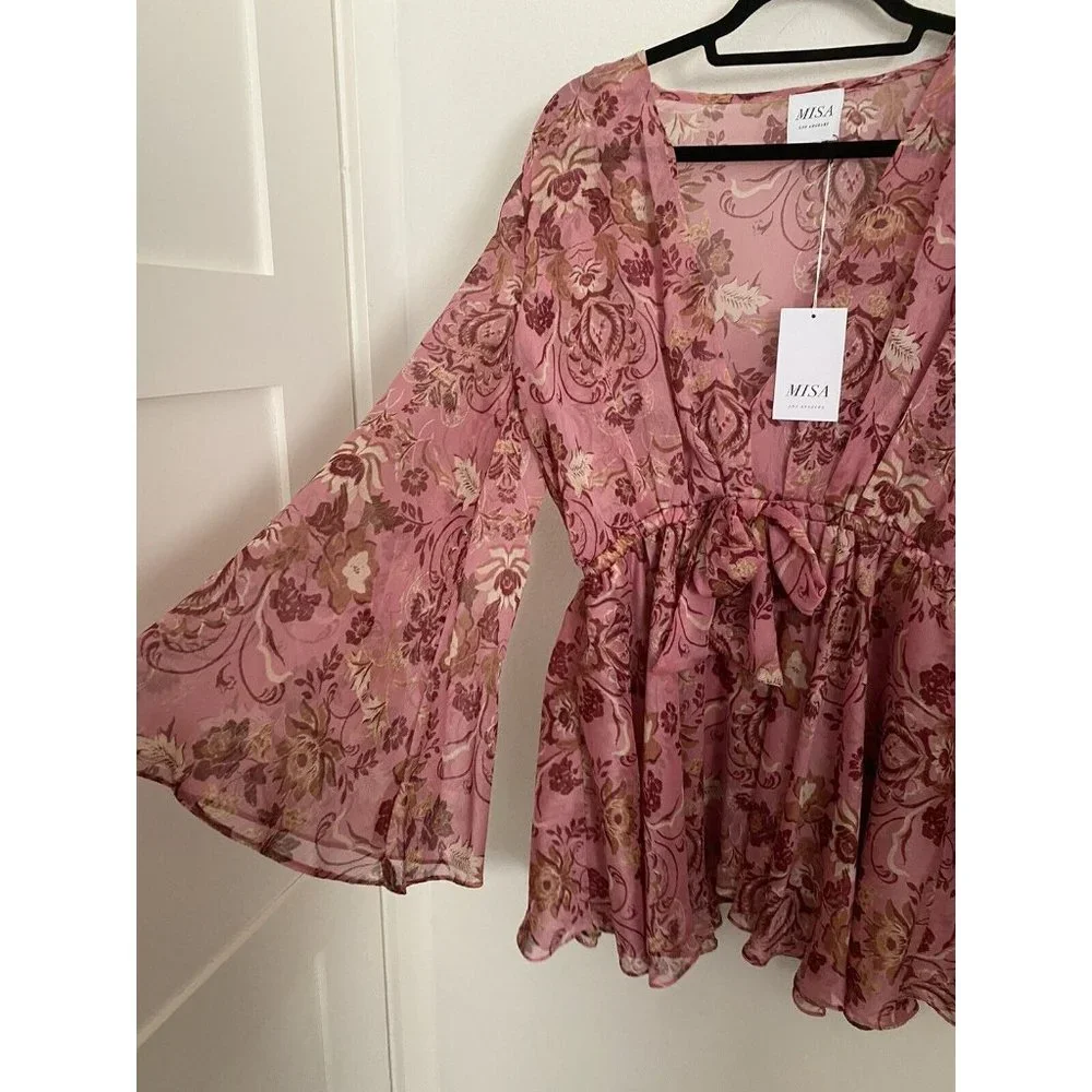 MISA Los Angeles Floral  Cristobol Mirror Pink Ruffle Mini Boho NWT $395 SM - Picture 3 of 8